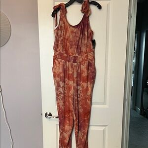 Eloquii Tie-Dye Jumpsuit in Red and Orange